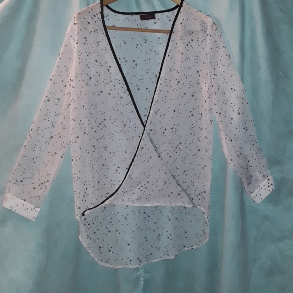 Mark pink sheer polyester blouse black stars